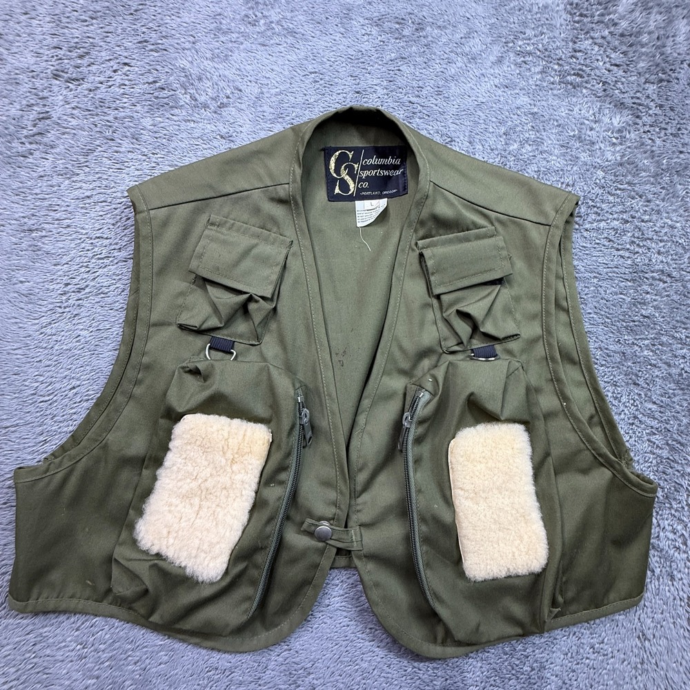 Vintage 80s Columbia Sportswear Fly Fishing Vest Mens L Olive Green Fleece Patch